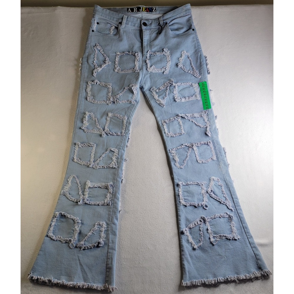 AR Jeanz Light Wash Frayed Patches Flare Denim Streetwear Jeans NWT 34x33 XL 15